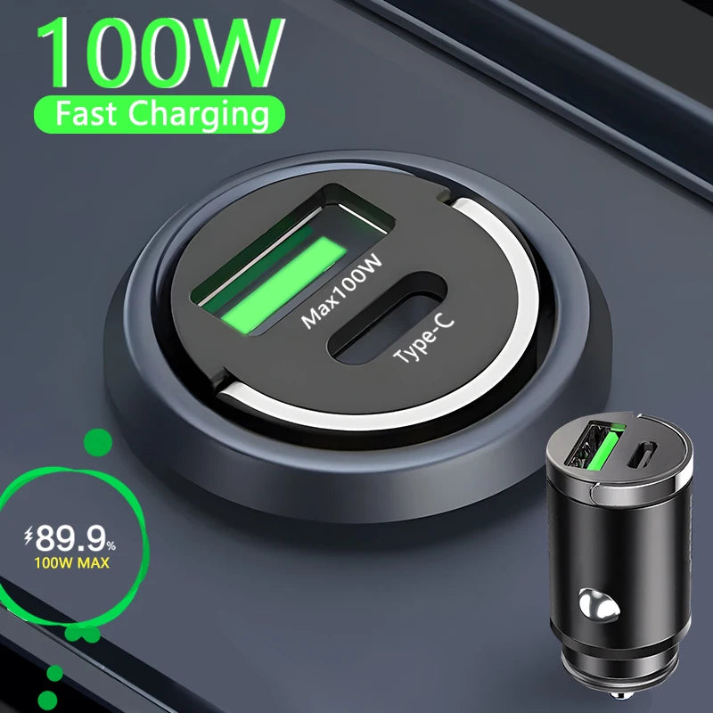 100W Mini Car Charger Lighter Fast Charging for iPhone QC3.0 Mini PD USB Type C Car Phone Charger for Xiaomi Samsung Huawei